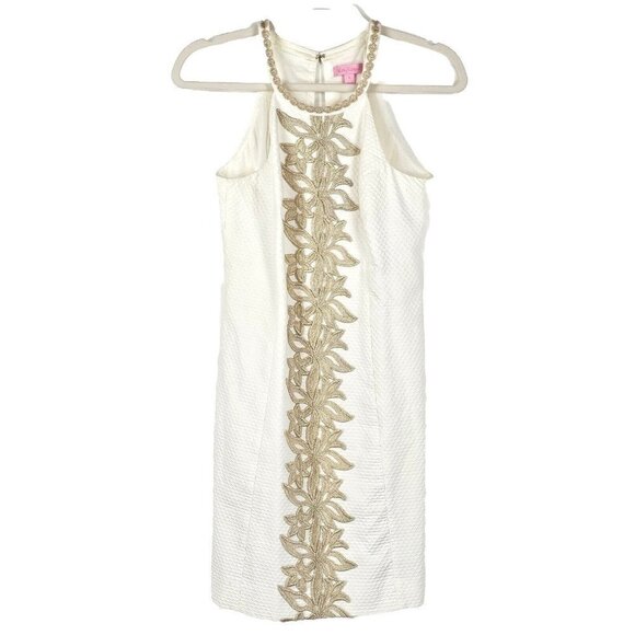 Lilly Pulitzer Shift Dress Womens 0 Resort White Gold Embroidery Halter Coastal - Picture 1 of 14